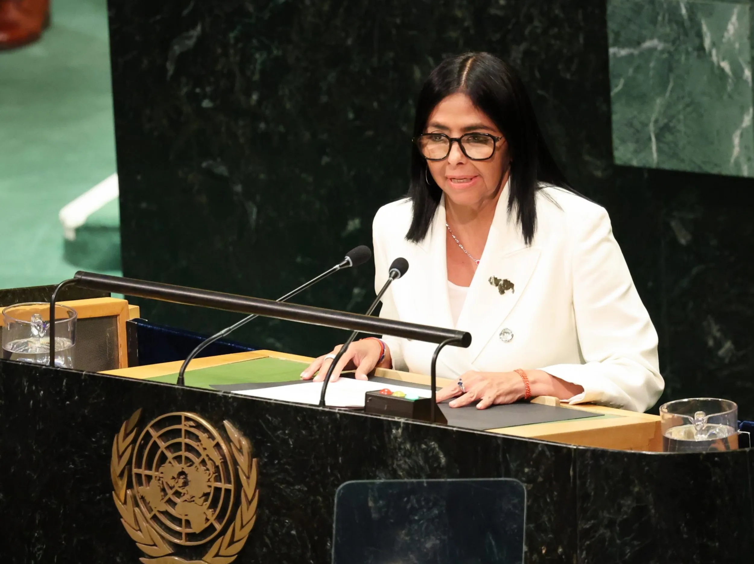 A presidenta em exercício da Venezuela, Delcy Rodríguez, durante discurso na Assembleia Geral da ONU.