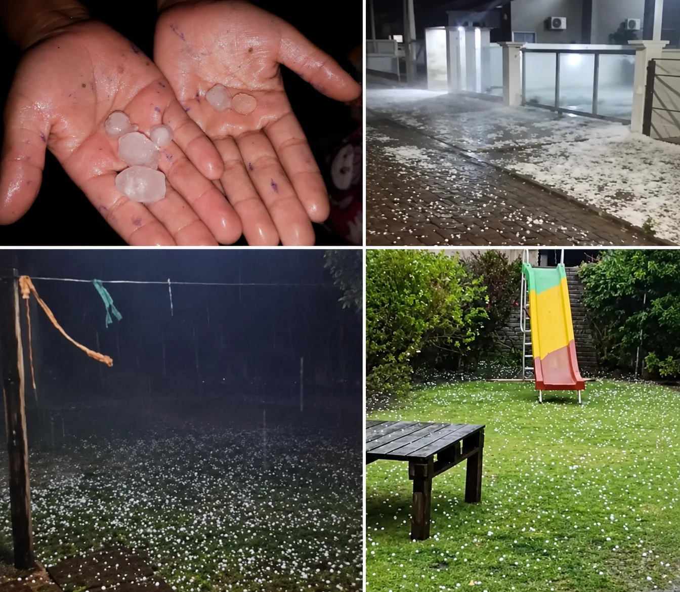 Quatro imagens mostram cubos de gelo sobre solo, na cidade de Alegrete, no Rio Grande do Sul