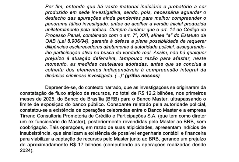 Decisão aponta fluxo atípico de R$ 12,2 bilhões do BRB para o Master e prejuízo estimado em R$ 17 bilhões
