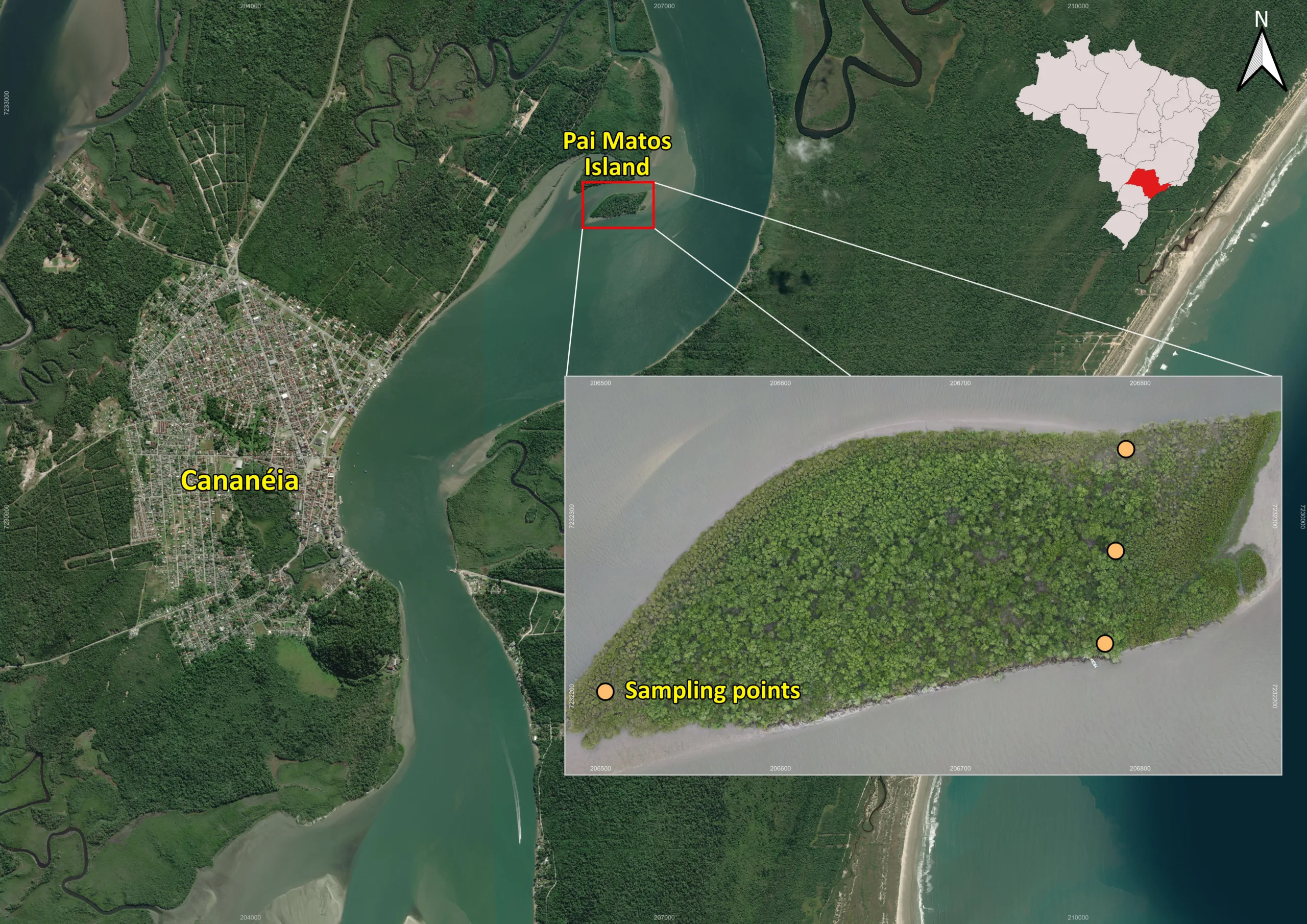 Mapa que mostra as áreas de coleta do experimento da USP.