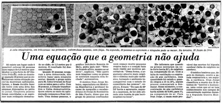 Reportagem do jornal O Estado de S. Paulo, publicada em 11 de fevereiro de 1989, simula superlotação em espaço demarcado