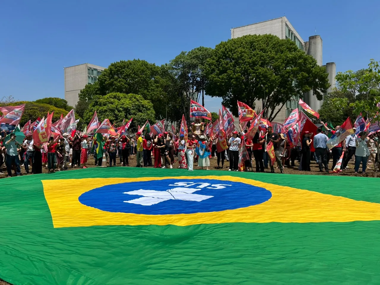 Participantes se concentram nas proximidades das faixas de pedestres entre os blocos O e P e E e F durante mobilização na capital federal