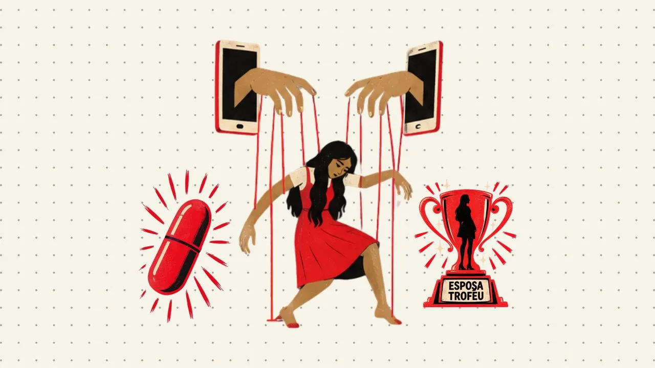 No centro, figura uma mulher de cabelos escuros e vestido vermelho, cuja postura e membros estão conectados por fios vermelhos, simulando uma marionete. Acima dela, duas mãos saem de ecrãs de telemóveis para controlar os fios que a manipulam, representando o controlo exercido pelas redes sociais e pelo ambiente digital.