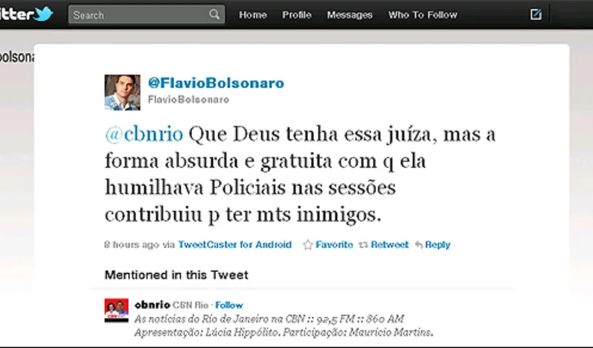 Print de publicação de Flávio Bolsonaro no Twitter: “Que Deus tenha essa juíza, mas a forma absurda e gratuita com q ela humilhava Policiais nas sessões contribuiu p ter mts inimigos.”