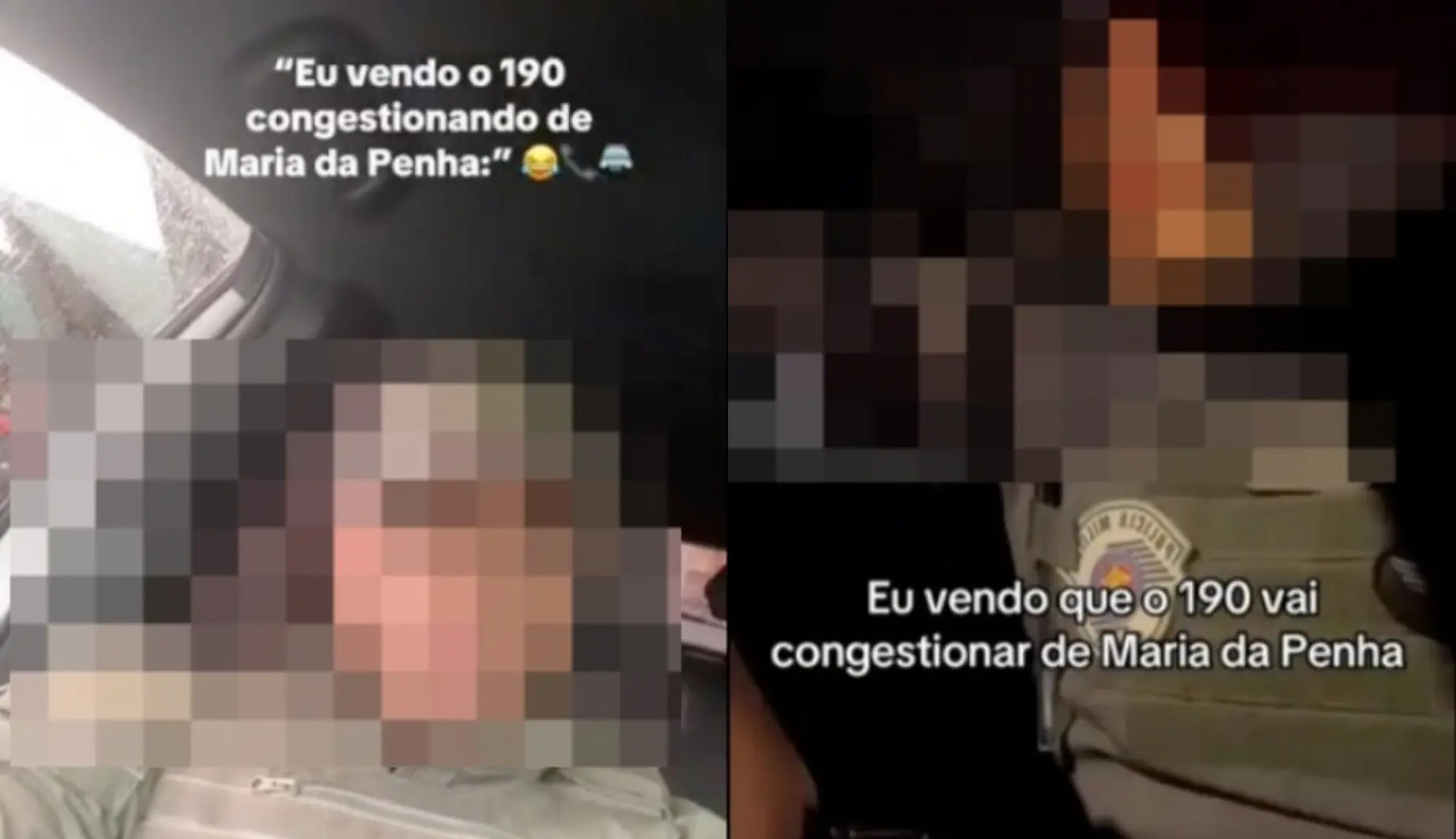 Montagem de vídeos de policiais fardados em veículos, com frases sobre um suposto aumento de chamados ao 190 após declaração de Lula sobre violência doméstica.