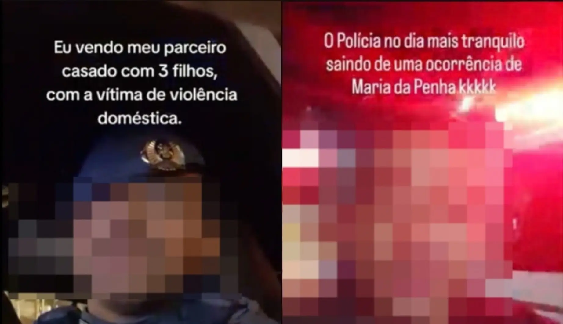 1. Montagem de vídeos que usam diálogos românticos e legendas para insinuar flertes entre policiais e mulheres atendidas em ocorrências de violência doméstica.