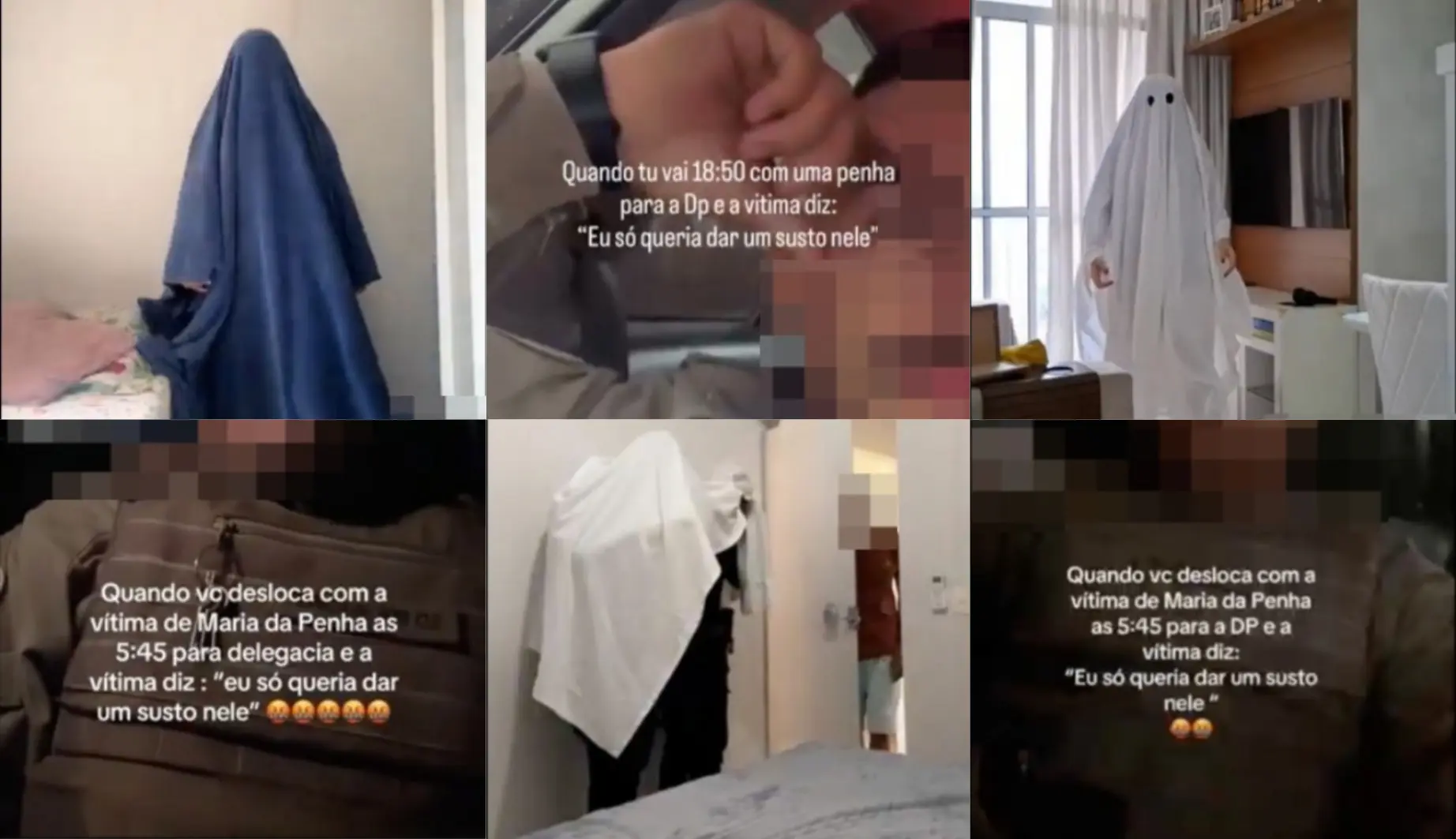 Capturas de vídeos em que agentes cobrem o corpo com lençóis brancos para representar fantasmas, em referência ao pedido de “dar um susto” no agressor.