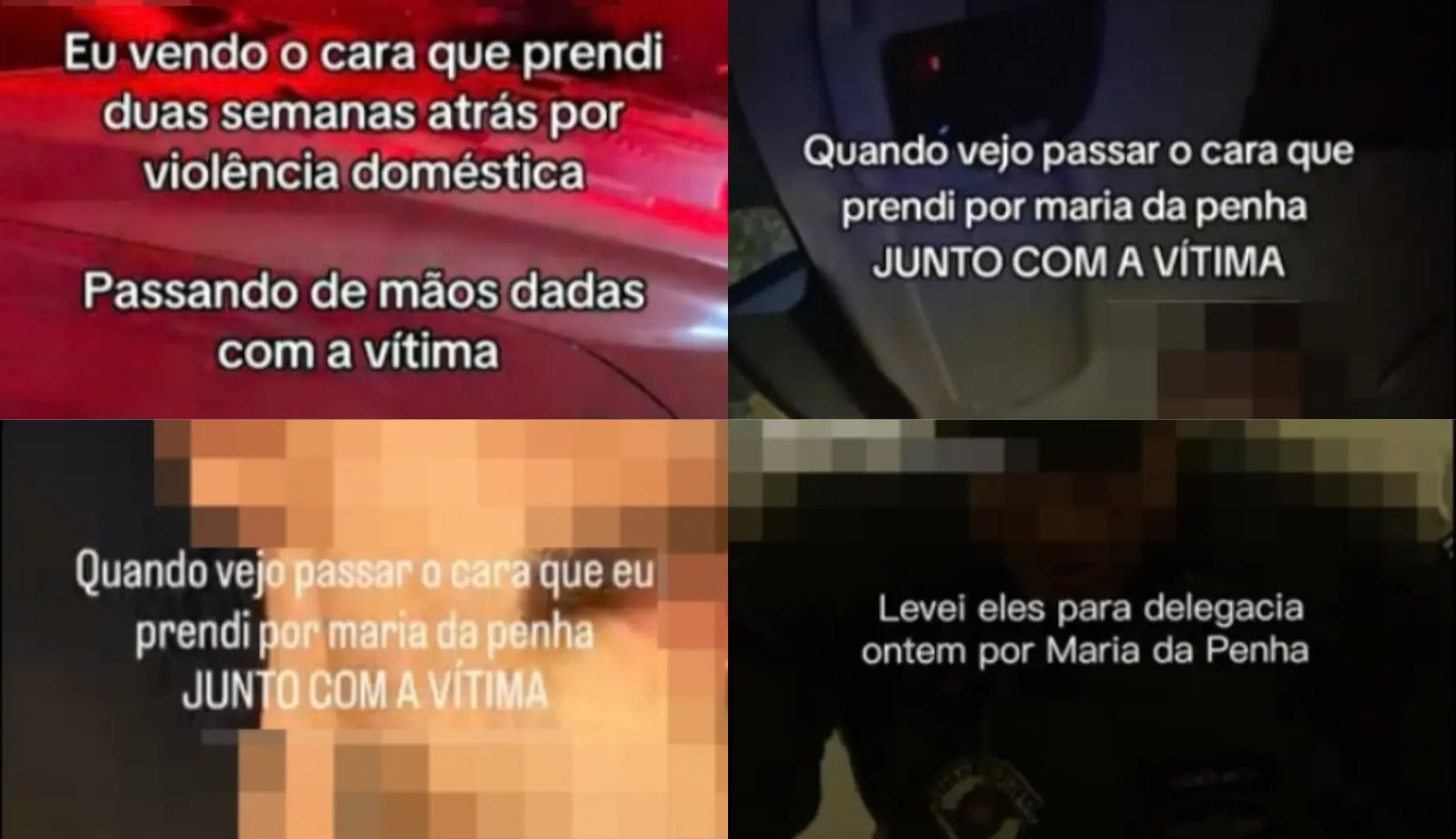 Montagem de vídeos em que agentes fardados ironizam mulheres vistas com os homens que denunciaram por violência doméstica.