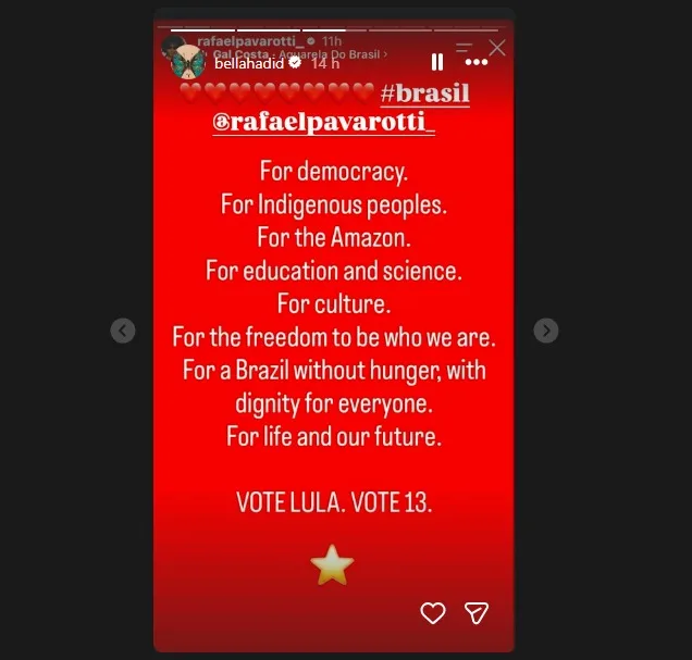 Publicação da modelo Bella Hadid nos stories do Instagram