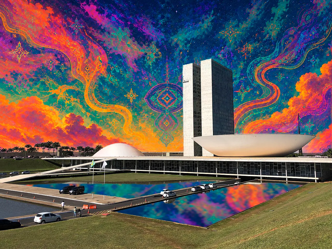 Foto montagem mostra o Congresso Brasileiro, com o céu pintado com cores psicodélicas.ç.;çl