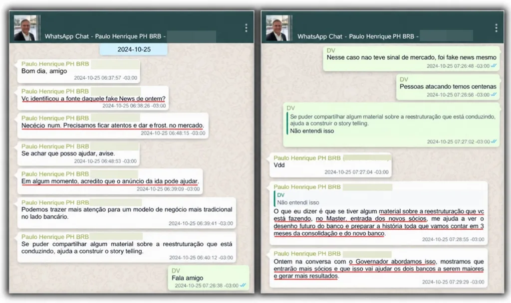 Mensagens de 25 de outubro de 2024 mostram Paulo Henrique Costa e Daniel Vorcaro discutindo a reestruturação do Master