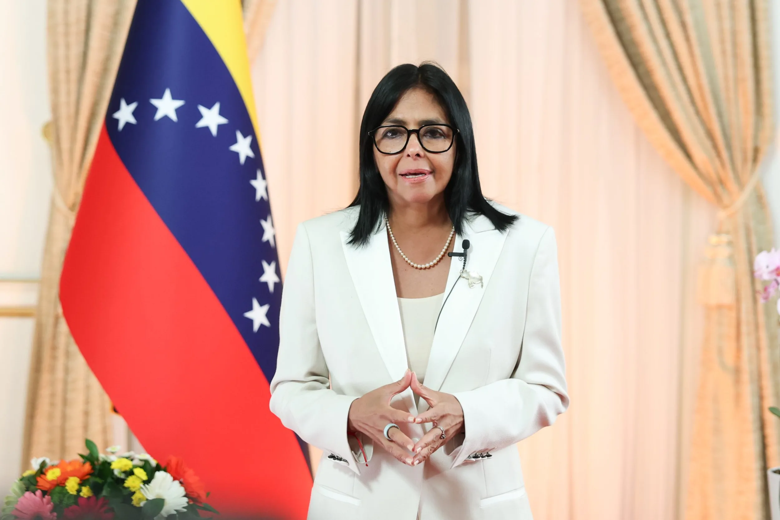Delcy Rodríguez, presidenta em exercício da Venezuela, em pronunciamento em rede nacional de rádio e televisão, nesta quinta-feira, 29 de outubro.