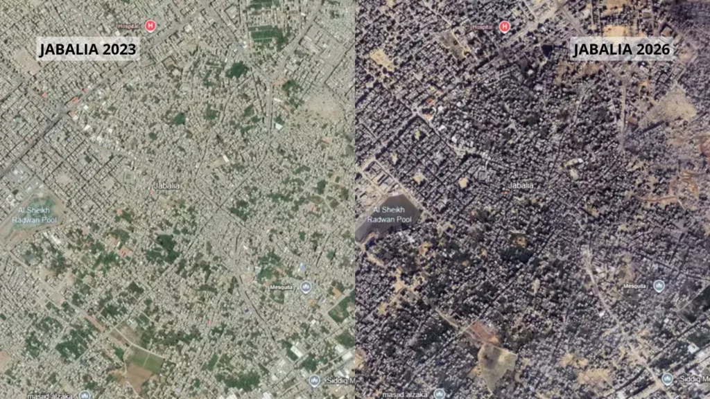 Comparação da cidade de Jabalia em 2023 e 2026