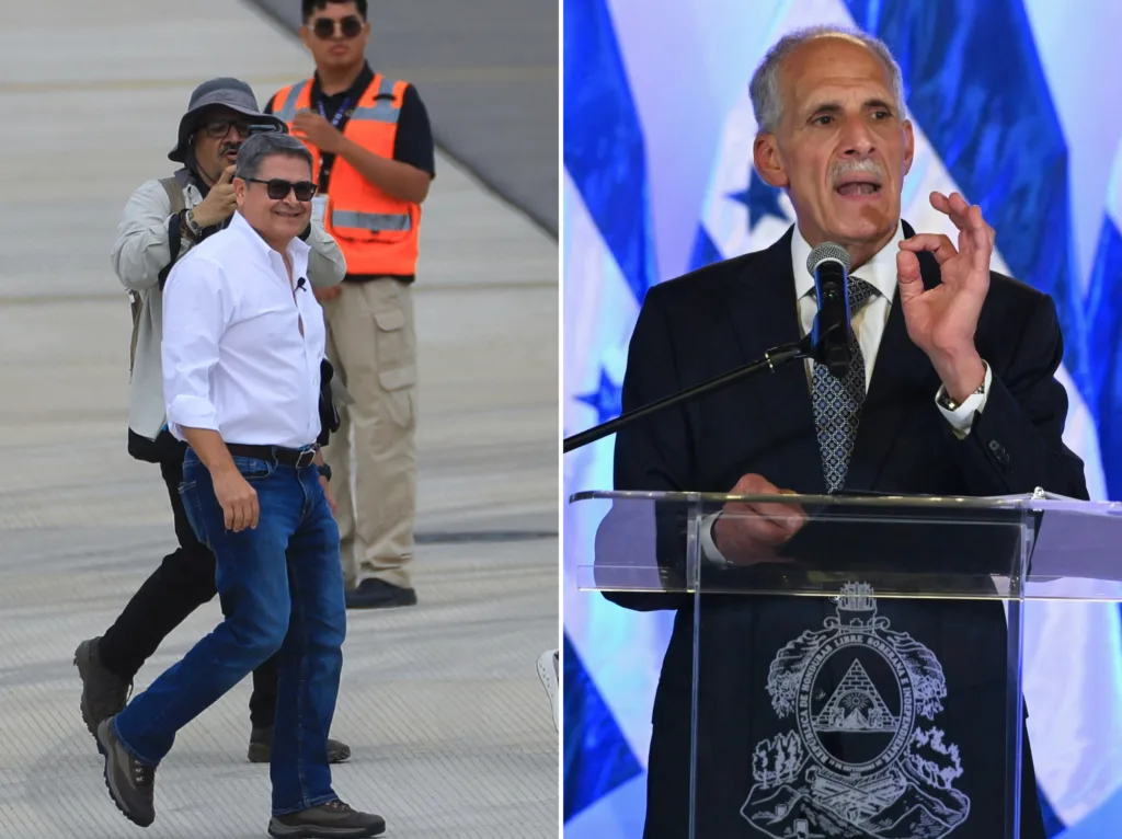 À esquerda, Juan Orlando Hernández, condenado por narcotráfico nos Estados Unidos, retorna a Tegucigalpa, capital de Honduras, em 26 de julho de 2026; à direita, o presidente hondurenho Nasry Asfura.