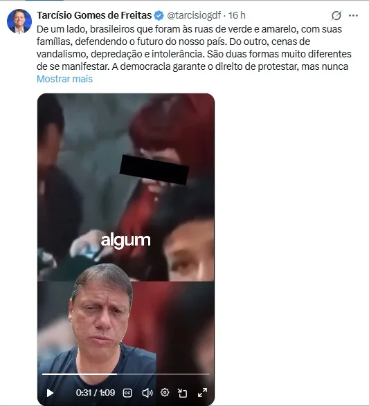 Publicação de Tarcísio de Freitas no X mostra vídeo associado falsamente ao ato pró-Lula realizado no domingo (11), na avenida Paulista 