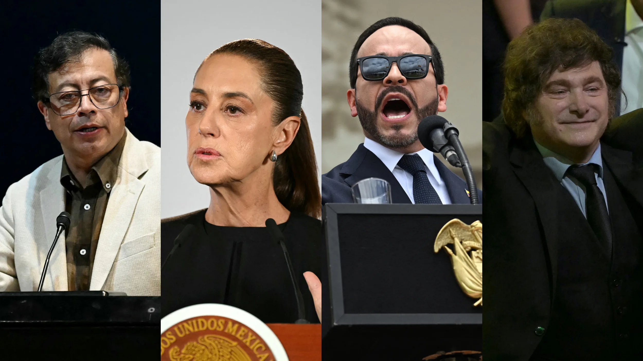 Da esquerda para a direita: Gustavo Petro (ex-presidente da Colômbia), Claudia Sheinbaum (presidenta do México), Abelardo de la Espriella (presidente da Colômbia) e Javier Milei (presidente da Argentina).