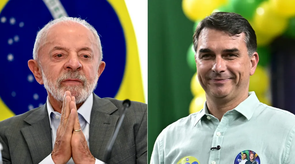 (COMBO) This combination of file pictures created on October 21, 2026 shows Brazils President and re-election candidate Luiz Inacio Lula da Silva during the signing of the concession agreement for Santos Futebol Clubes Rei Pele Training Center at the Planalto Palace in Brasilia on October 1, 2026, and senator and right-wing presidential candidate Flavio Bolsonaro during a rally at Mackenzie Esporte Clube in Belo Horizonte, Brazil on August 17, 2026. Lula da Silva and Bolsonaro will face off in the October 25 runoff election, a race that has become mired in allegations of social media malfeasance.. (Photo by Evaristo Sa and Gledston Tavares / AFP)