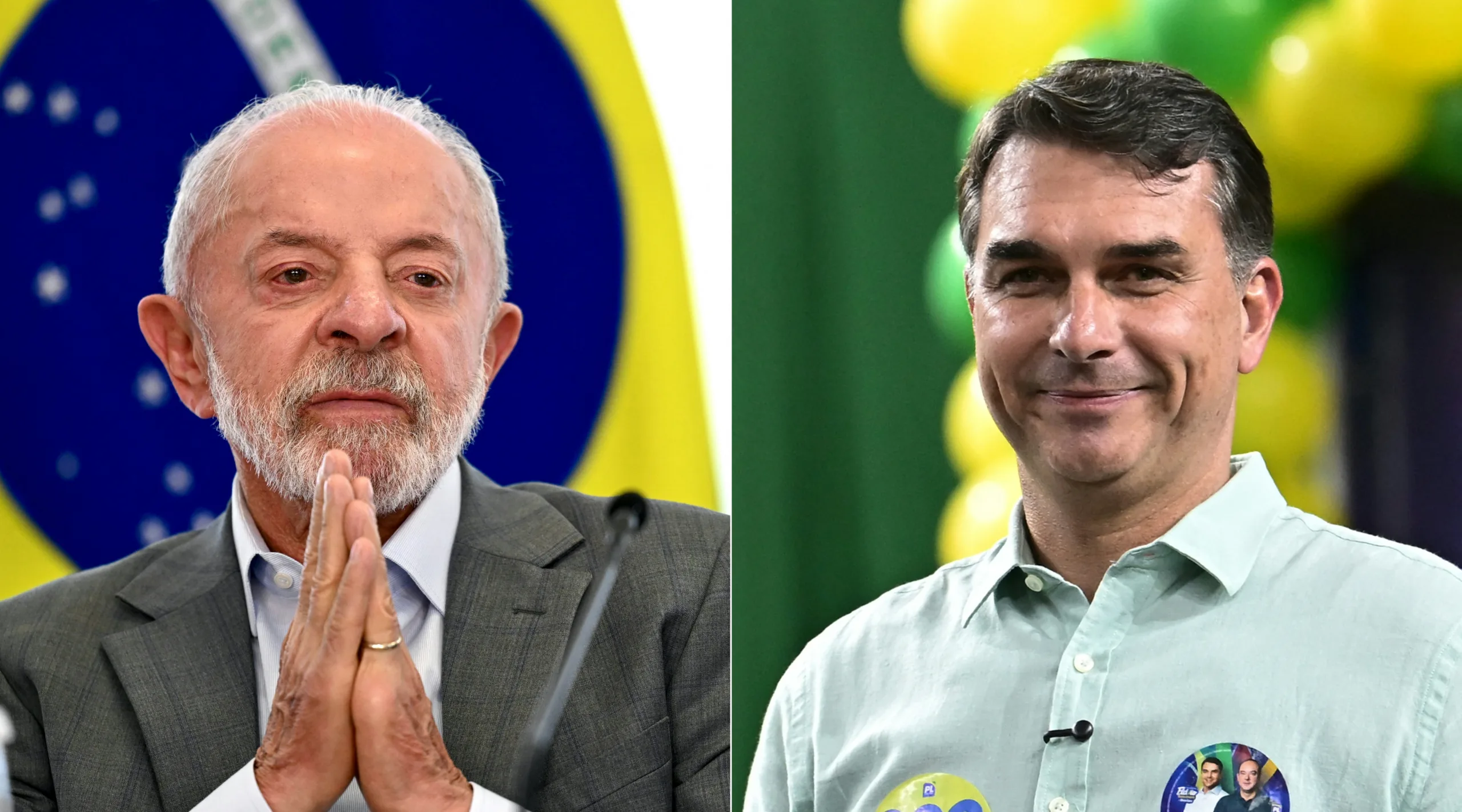(COMBO) This combination of file pictures created on October 21, 2026 shows Brazils President and re-election candidate Luiz Inacio Lula da Silva during the signing of the concession agreement for Santos Futebol Clubes Rei Pele Training Center at the Planalto Palace in Brasilia on October 1, 2026, and senator and right-wing presidential candidate Flavio Bolsonaro during a rally at Mackenzie Esporte Clube in Belo Horizonte, Brazil on August 17, 2026. Lula da Silva and Bolsonaro will face off in the October 25 runoff election, a race that has become mired in allegations of social media malfeasance.. (Photo by Evaristo Sa and Gledston Tavares / AFP)