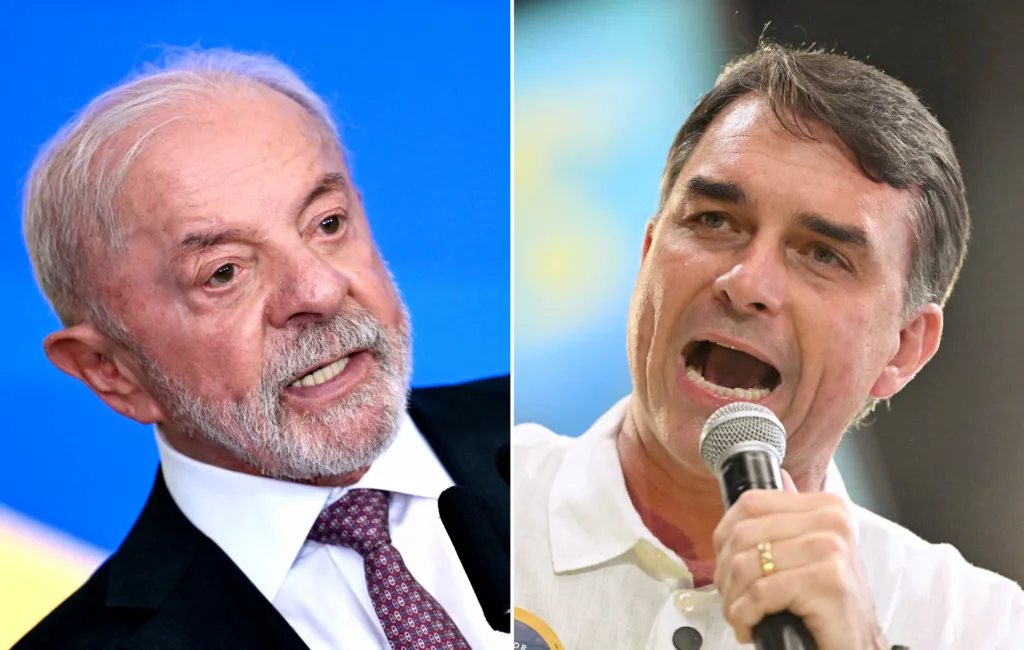 (COMBO) This combination of file pictures created on Setember 29, 2026, shows Brazil's President Luiz Inacio Lula da Silva at the Planalto Palace in Brasilia on September 16, 2026; and Brazil's right-wing Presidential candidate Flavio Bolsonaro at the Maracanazinho gymnasium in Rio de Janeiro, Brazil, on August 22, 2026. Brazilians will go to the polls next October 4 once again deeply polarized and under the shadow of US President Donald Trump, who has backed conservative candidates in recent elections in Latin America. (Photo by Evaristo SA and Mauro PIMENTEL / AFP)