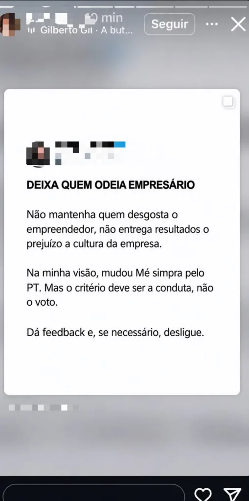 Publicação nas redes sociais discute critérios para demissão de trabalhadores e menciona posicionamentos políticos