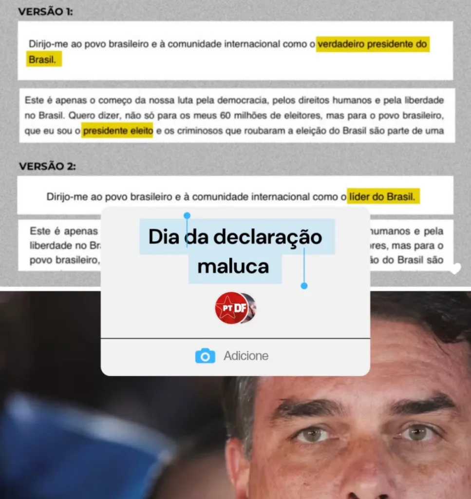 Publicação compartilhada por parlamentares do PT-DF ironiza a carta de Flávio Bolsonaro com a frase “Dia da declaração maluca”
